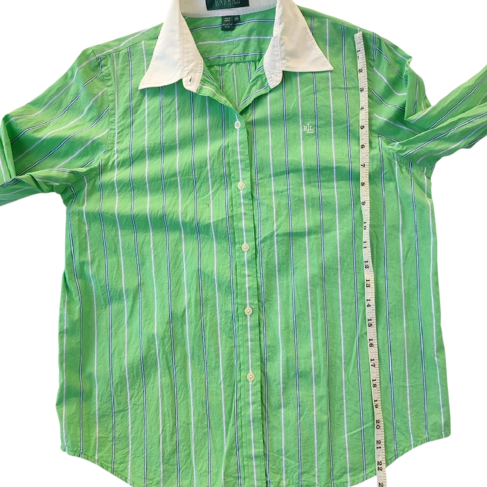 Ralph Lauren Green and White Striped  Button Down Shirt 100% Cotton Petite Mediu - Picture 7 of 9